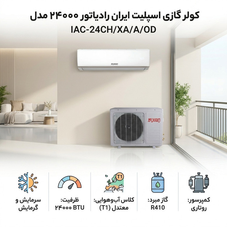 کولر گازی اسپلیت دیواری 24000 دور ثابت ایران رادیاتور مدل IAC-24CH/XA/A/OD